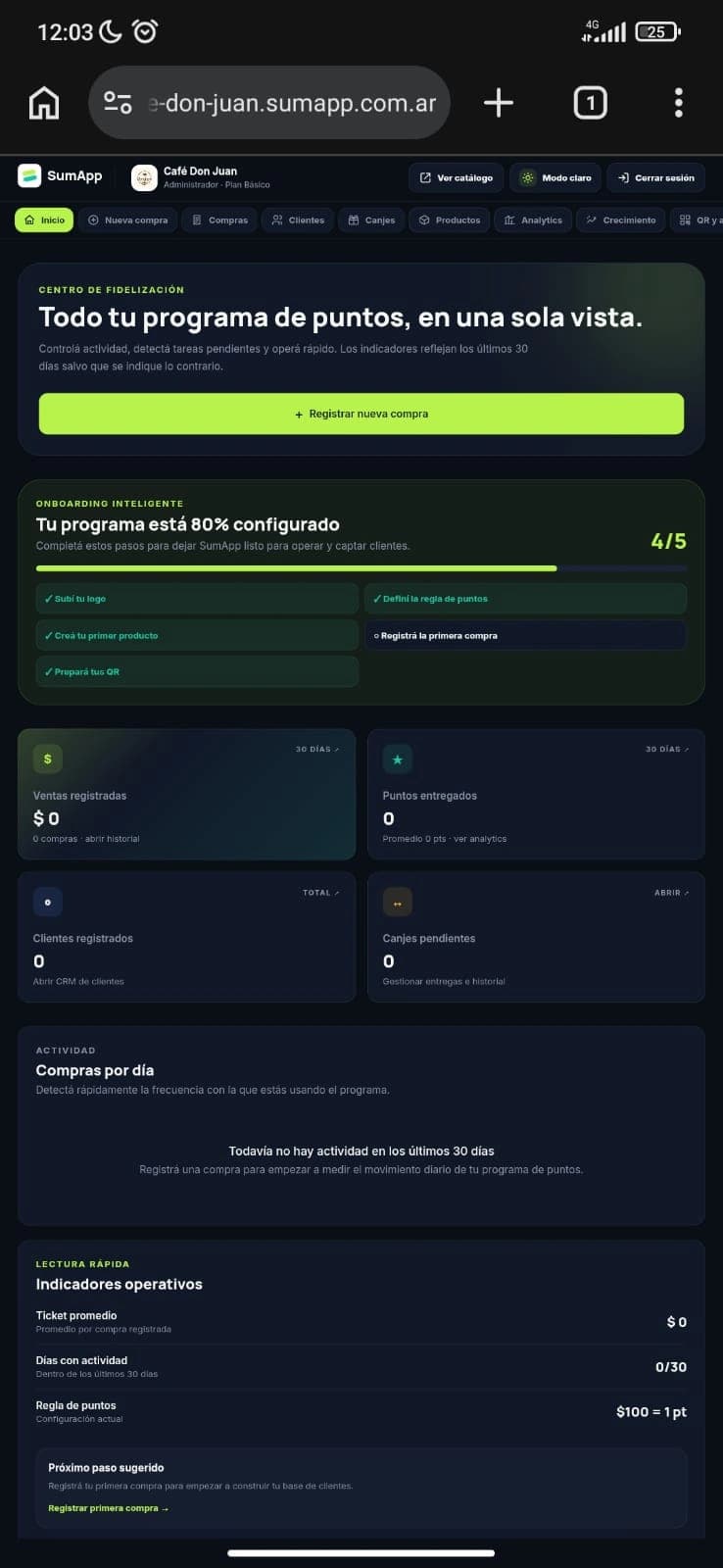 Vista de Dashboard en SumApp
