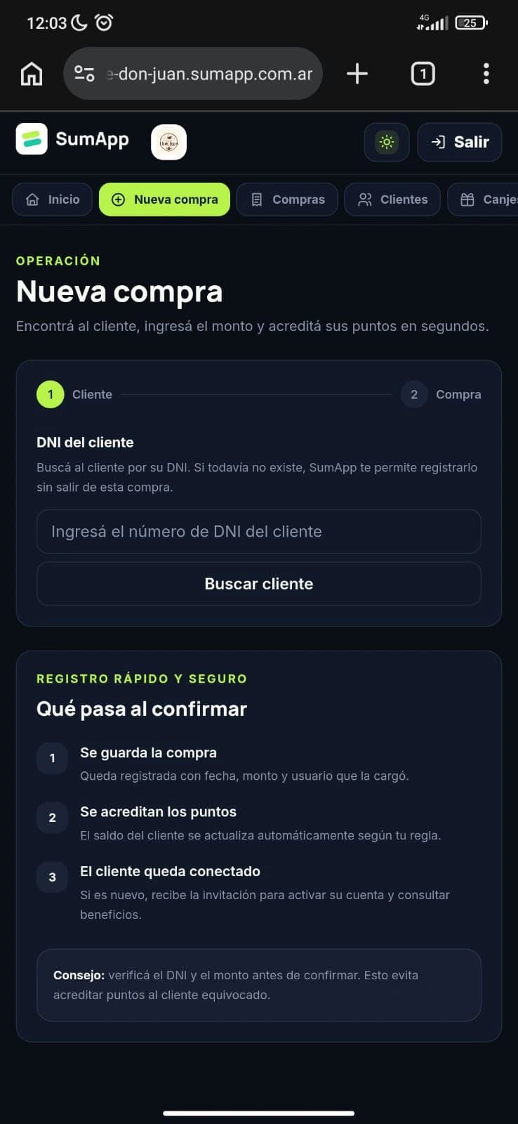 Vista de demostración: Sistema de puntos para clientes de tu comercio