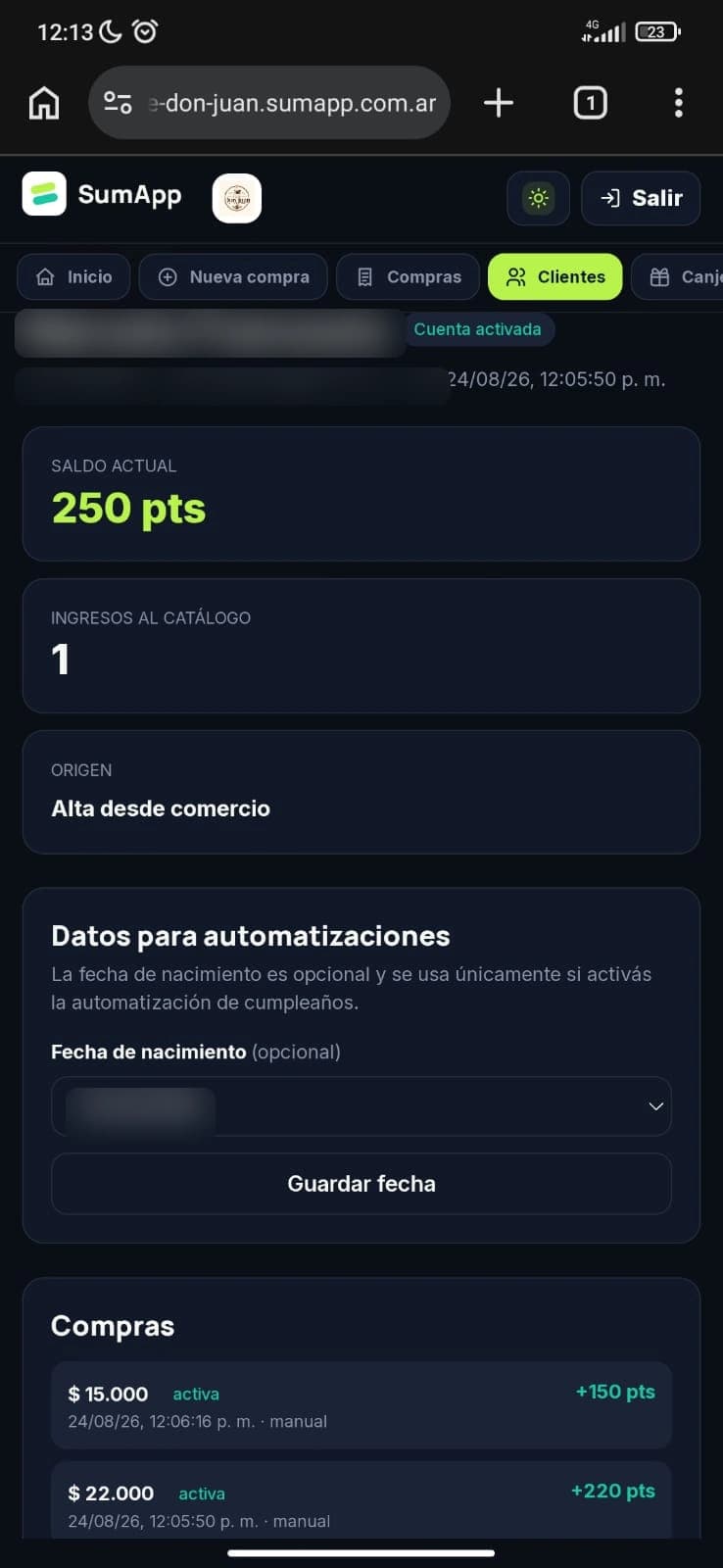 Vista de demostración: Gestión de clientes para comercios