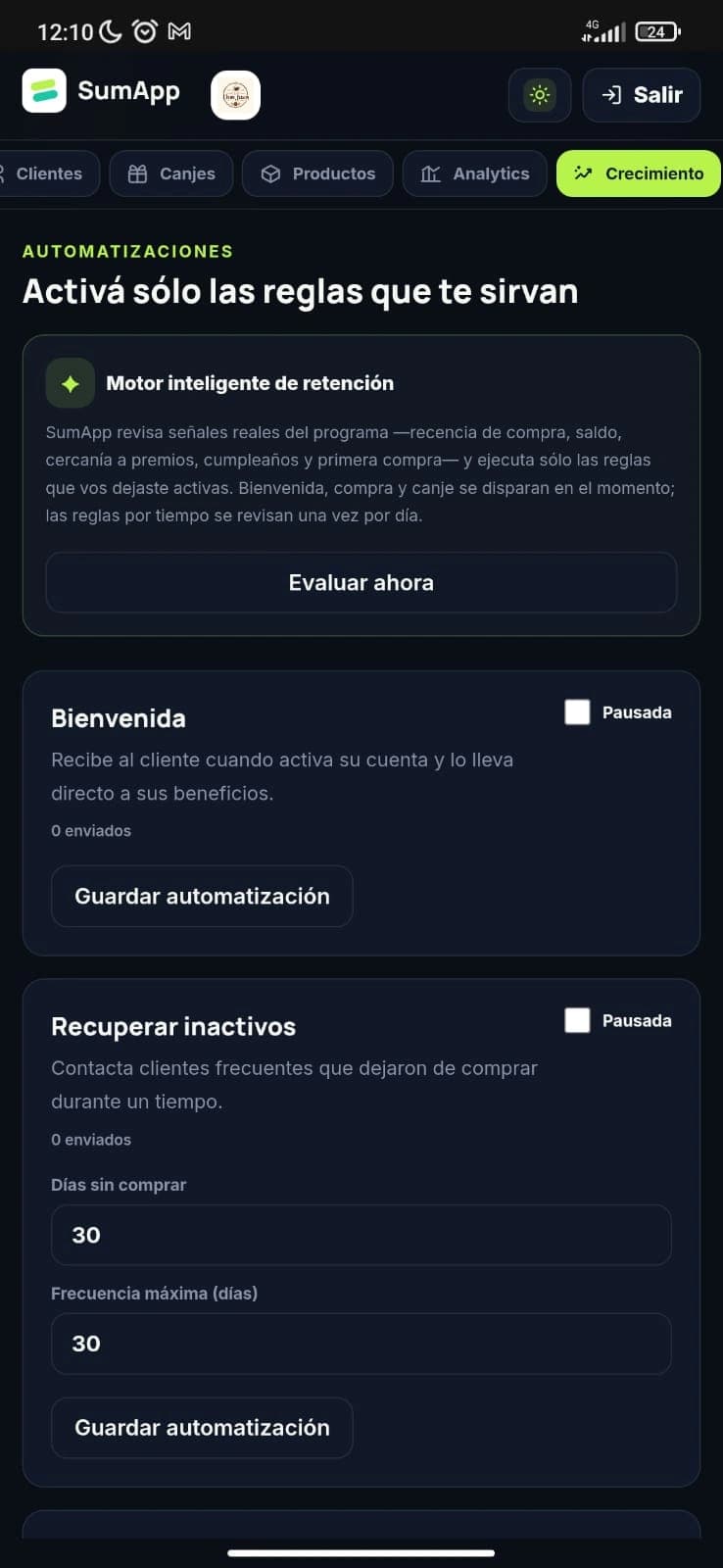 Vista de demostración: Retención y recuperación de clientes